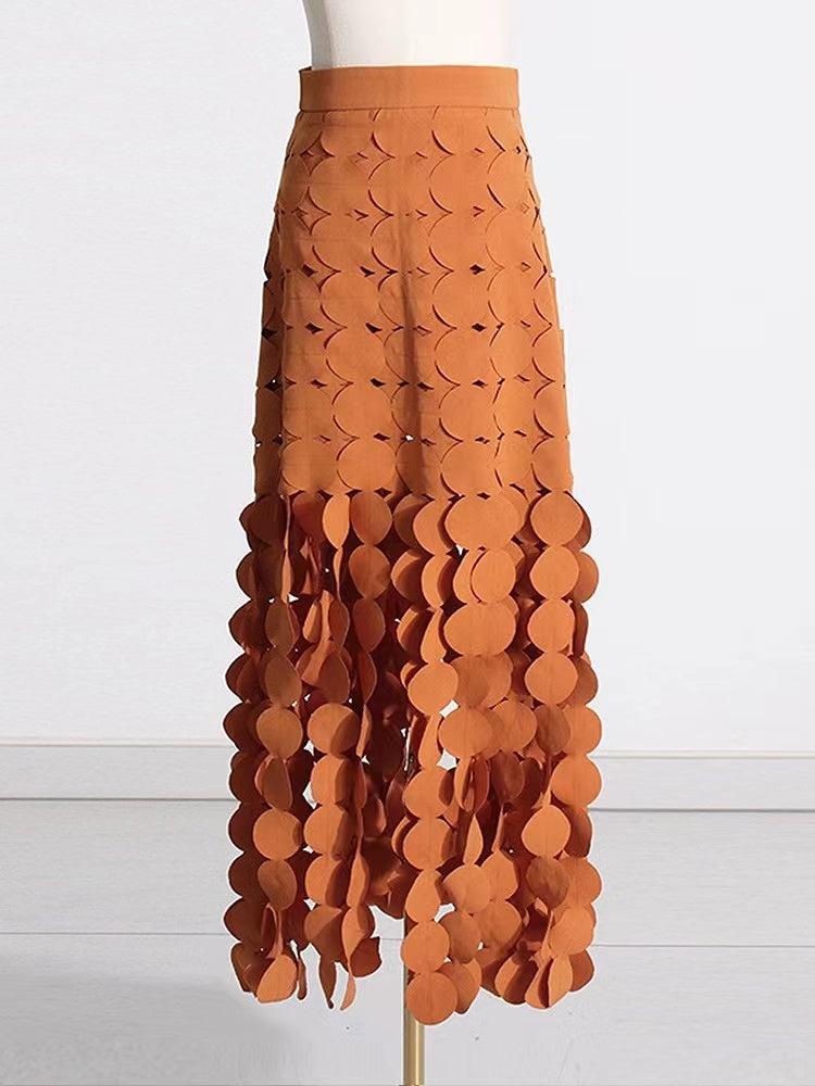 Elegant Round Piece Tassel Hollow Embroidery Irregular A-Line Skirt