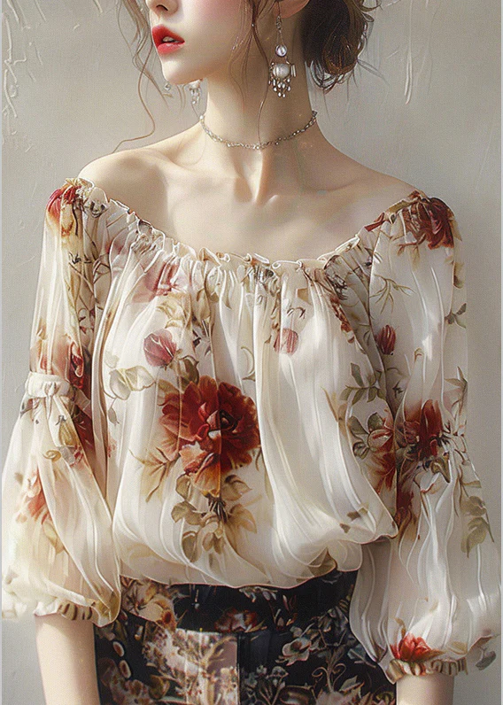 Ruffle Printed Slant Neck Printed Chiffon Half Sleeve Blouse Top