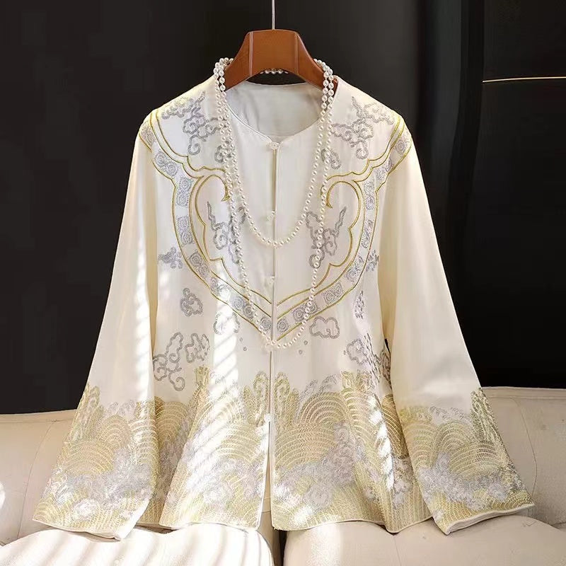 Chinese round neck embroidered wrought top