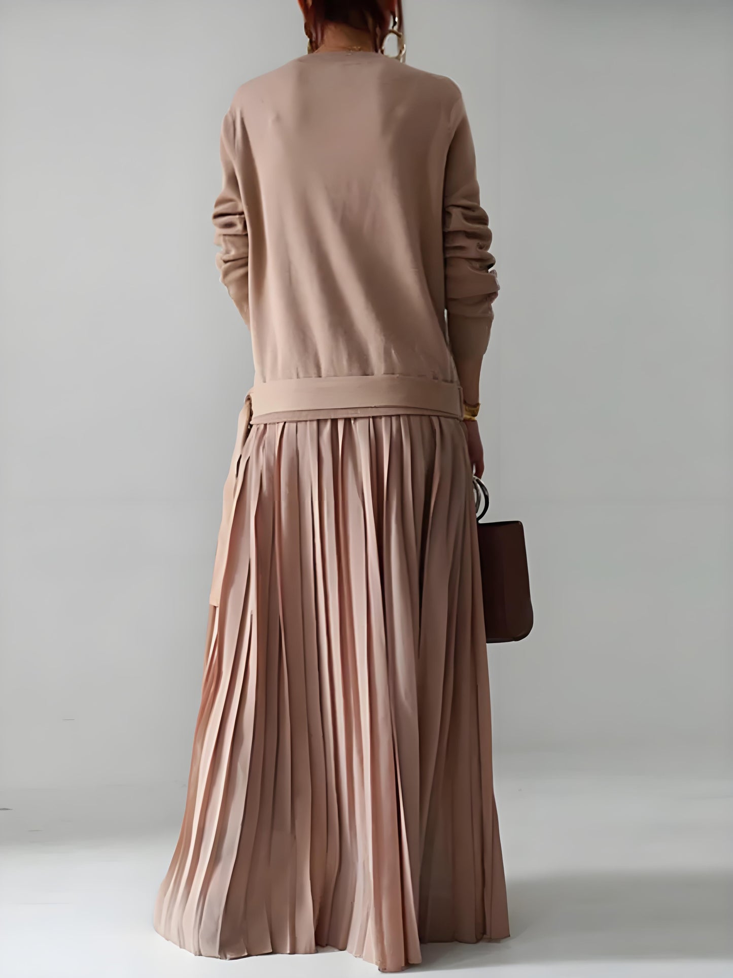 Women's Round Neck Belt Solid Color Pullover Knit Patchwork Long Sleeve Pleated Dress Spring
