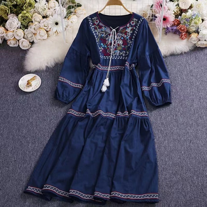 Bohemian Tie Embroidered Sun Screen Long Sleeve Patchwork Dress