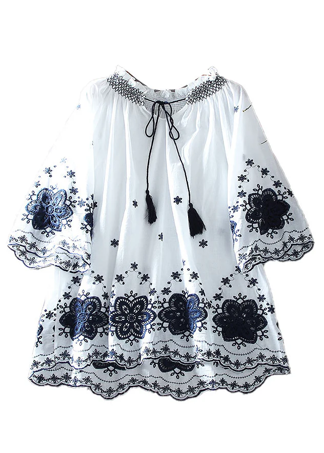 Women's Slim White Embroidered Cotton A-line Top