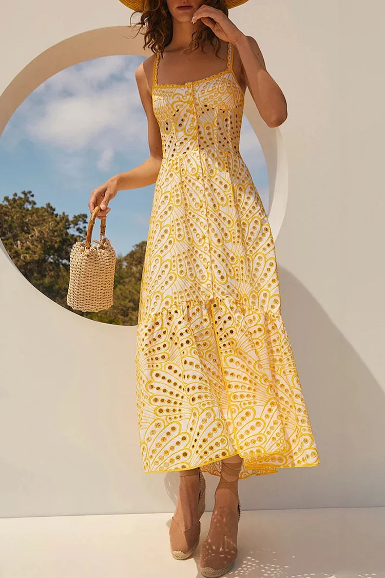 Italian Women's Elegant Solid Color Hollow Splicing Halter Dress Spring Summer