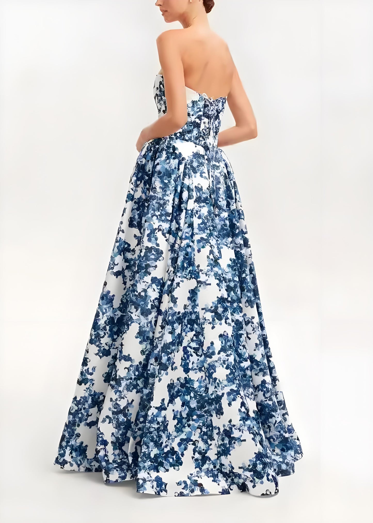 Women's Blue Strapless Printed Cotton Long Sleeveless Dresses
