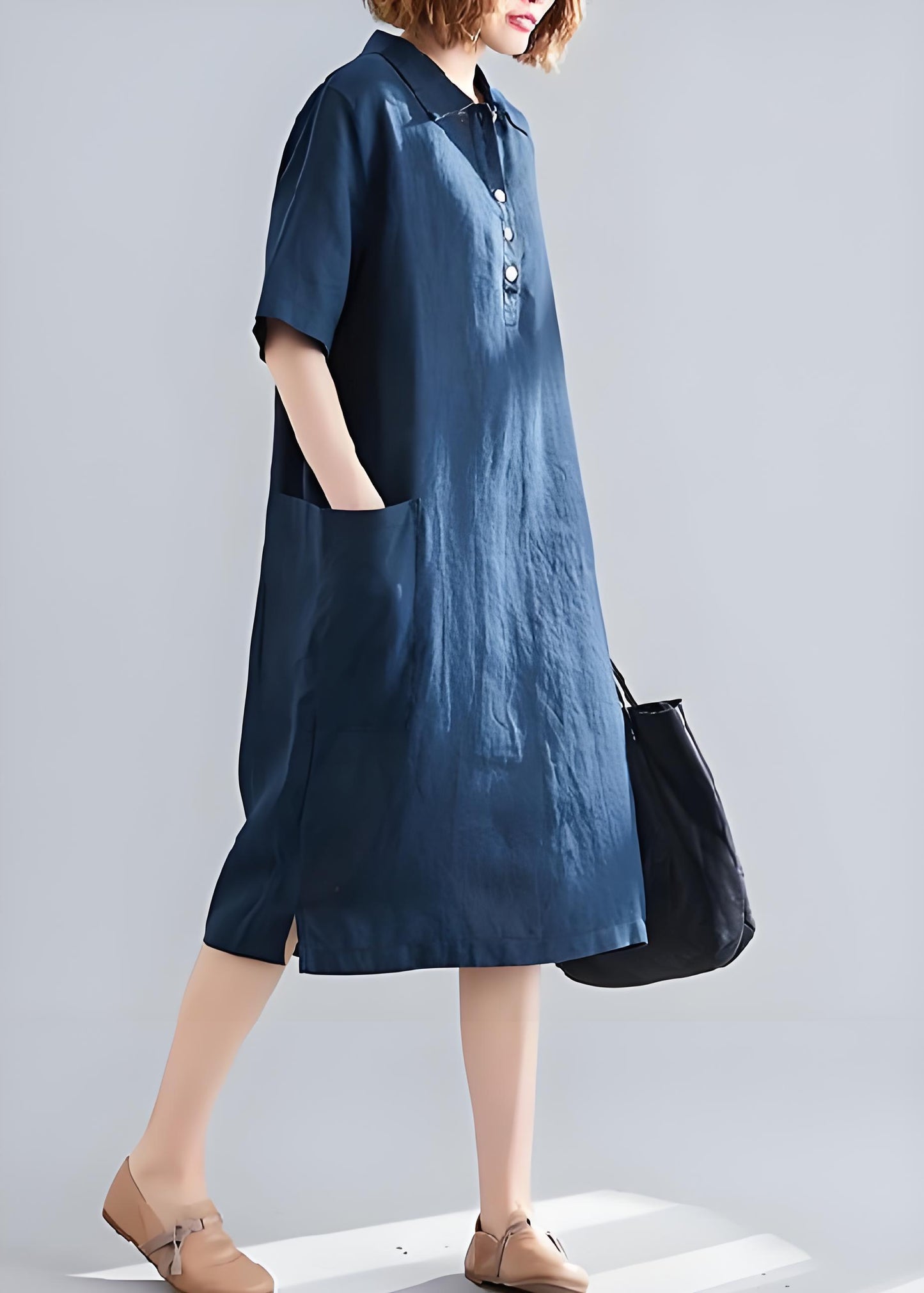 Italian Navy Cotton Lapel Pocket Plus Size Dress