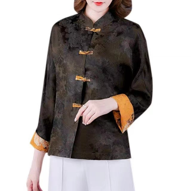 Fashion Standing Collar Printed Button Side Opening Silk Long Sleeve Coat