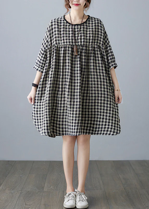 Vintage O Neck Pocket Plaid Linen Dress