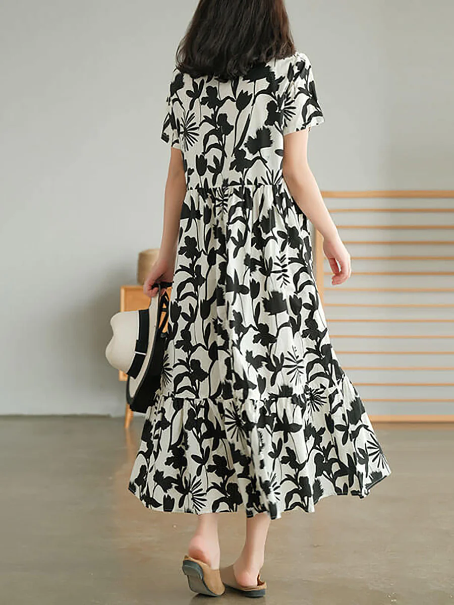 Women's Round Neck Floral Cotton Short Sleeve Dress