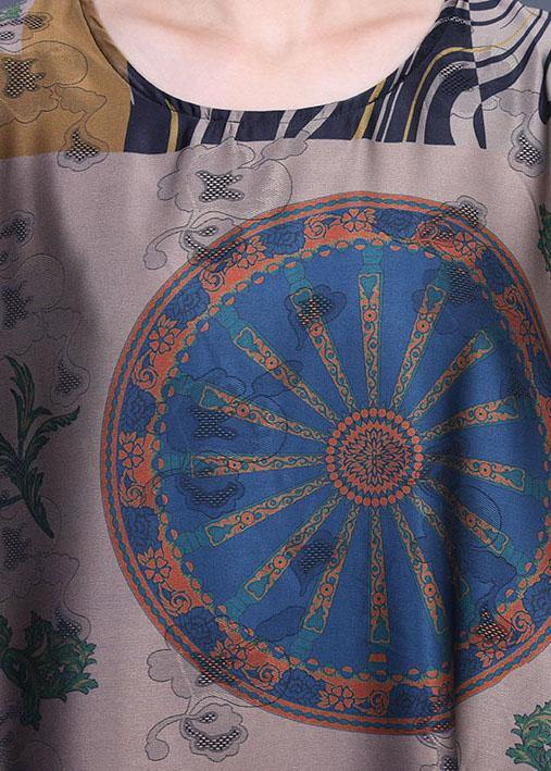 French Printed Silk O-Neck Long Dress