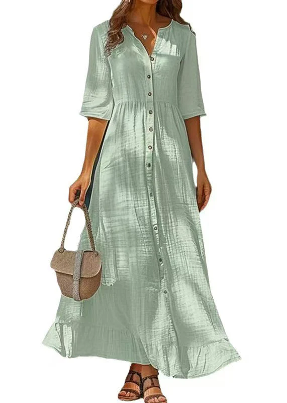 Women's Travel Green Button Cotton Half Sleeve Shirt Dress
