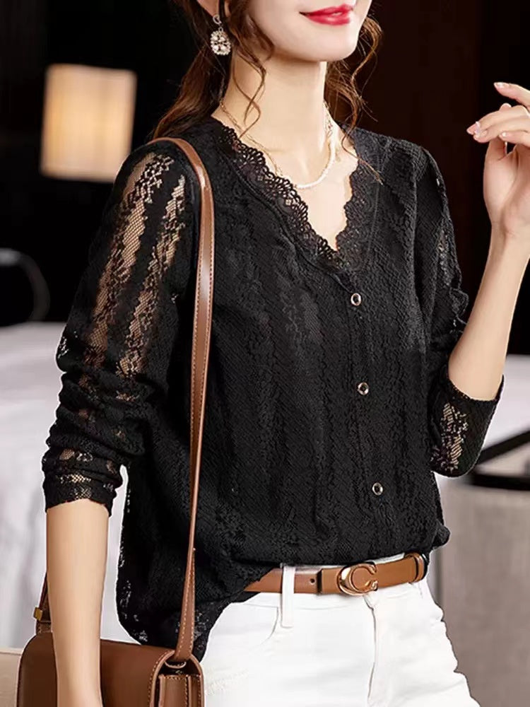 Lace V-Neck Cutout Patchwork Long Sleeve Top