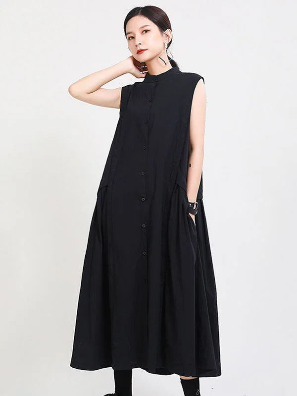 Women's Beach Travel Solid Color Sleeveless Stand-Up Neck Shirt Dresses