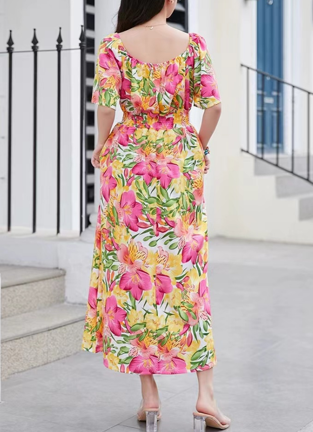 French Round Neck Printed Skinny Waist Short Sleeve Dress