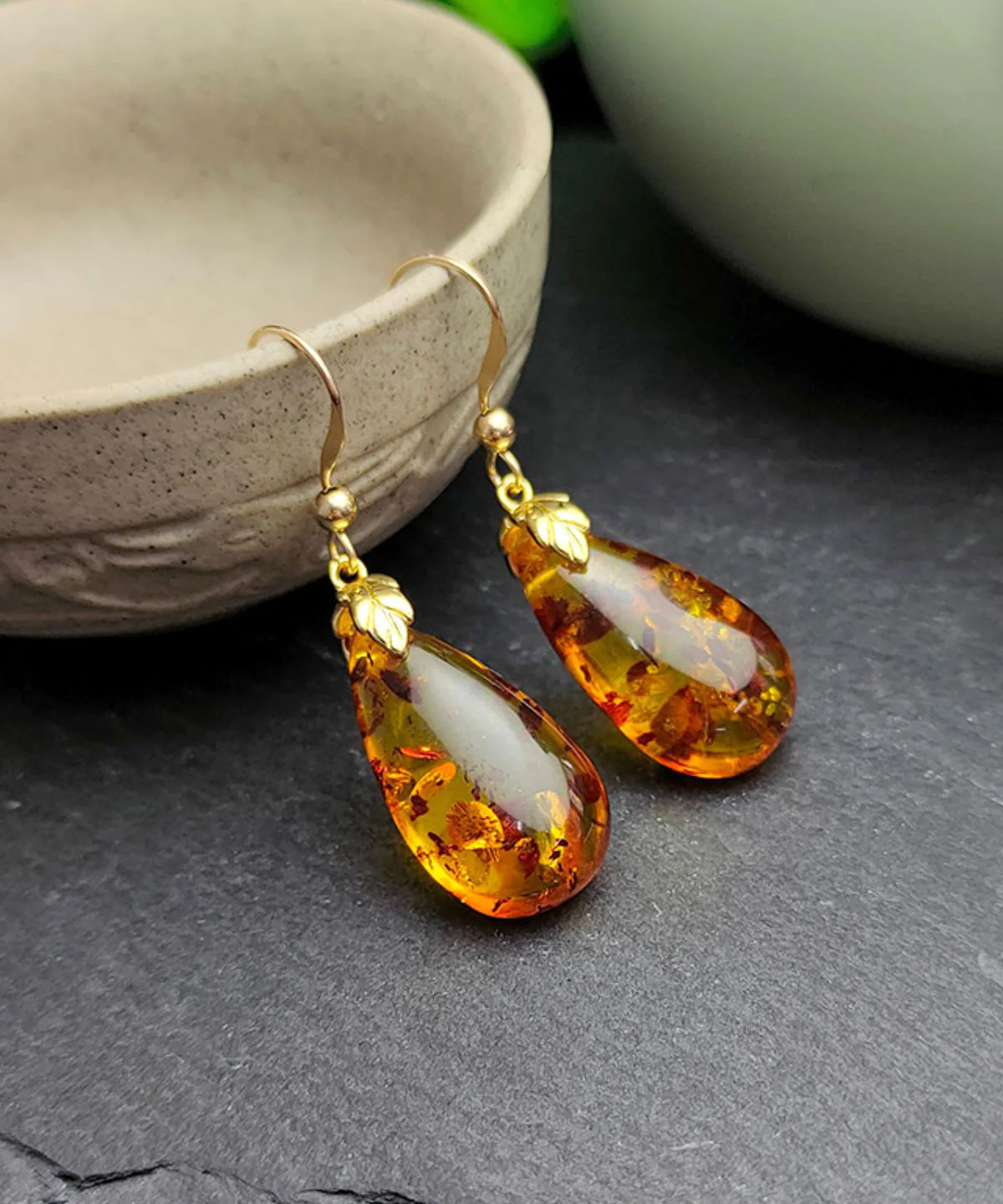 Yellow 14K Gold Amber Drop Earrings