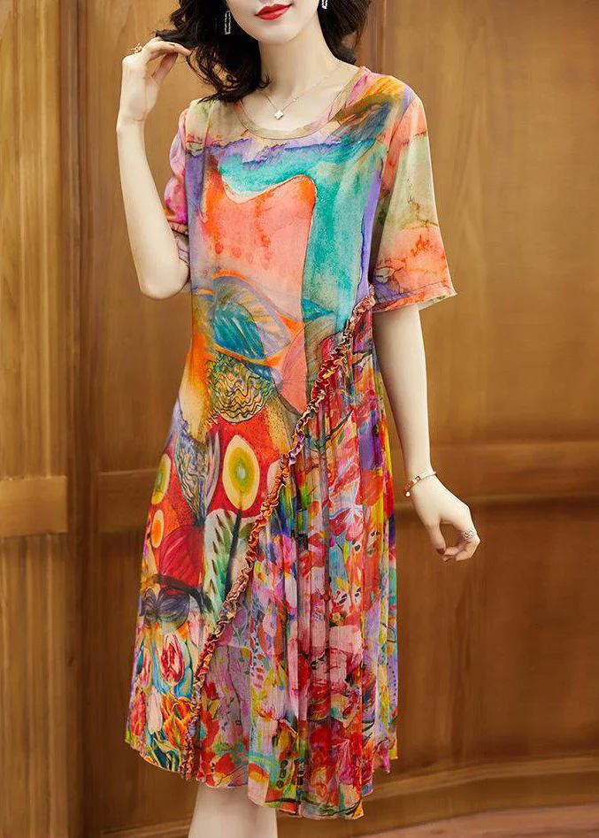 Collar Printed Crinkle Silk Long Dress Short Sleeve