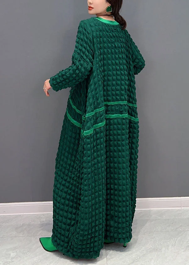 Women's Italian Green Round Neck Long Sleeve Patchwork Dress Spring