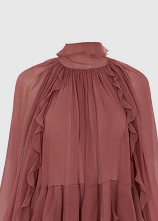 Women's Bohemian Brick Red Ruffle Patchwork Chiffon Blouse Top