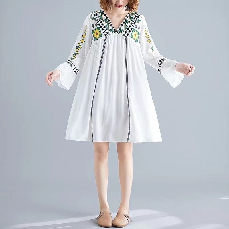 Bohemian V-Neck Embroidered Beach Long Sleeve Dress