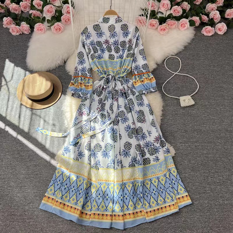 Bohemian V-Neck Printed Beach Hem Long Sleeve Dress