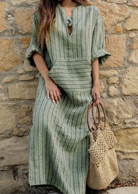 Gray Round Neck Striped Patchwork Maxi Dress