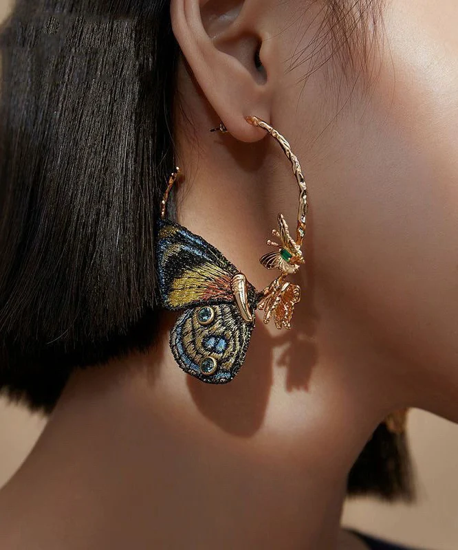 Gold Pure Crystal Embroidered Butterfly Hoop Earrings