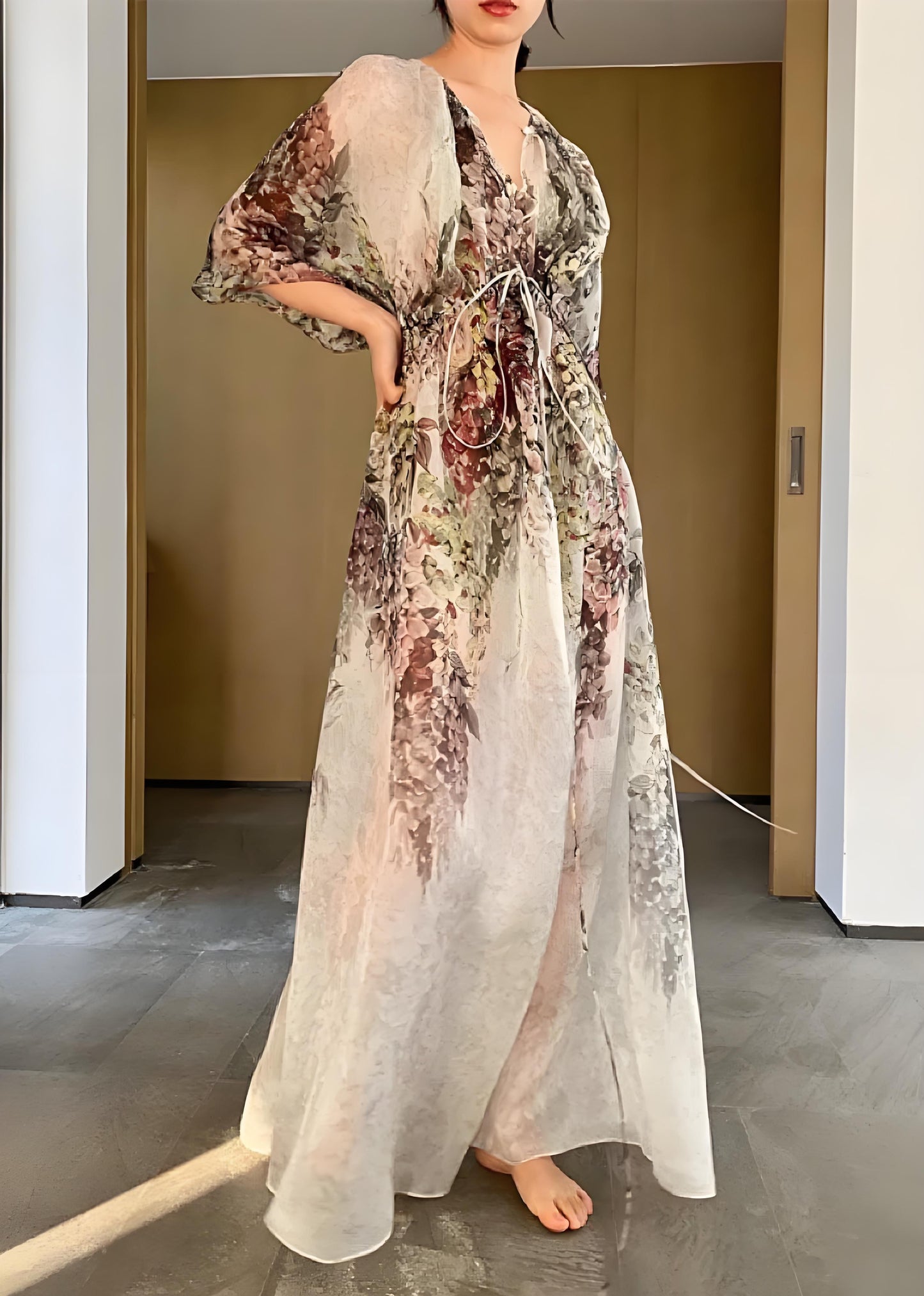 Women's Beach Boho V-Neck Printed Drawstring Long Half Sleeve Dress