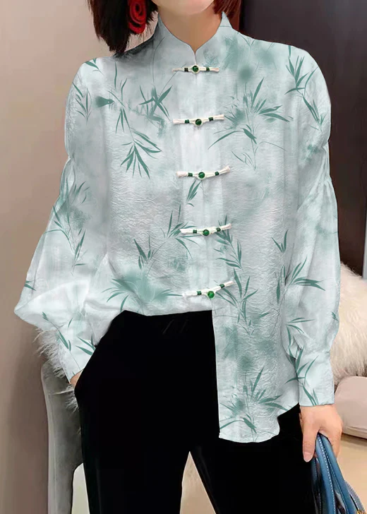 Chinese Style Standing Collar Button Jacquard Silk Top Long Lantern Sleeves