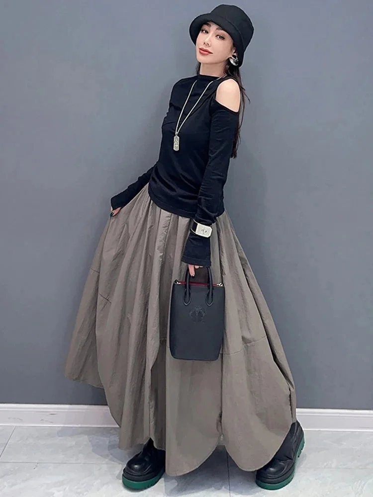 Women's Gray Elastic Waist Petal Hem Bubble Sleeve Halter Dress Spring