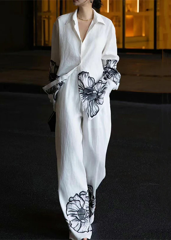White Peter Pan Collar Printed Linen Two Piece Set