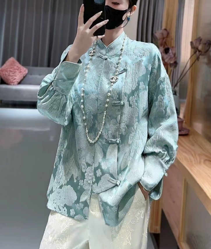 Chinese Standing Collar Button Wrap Silk Jacquard Blouse