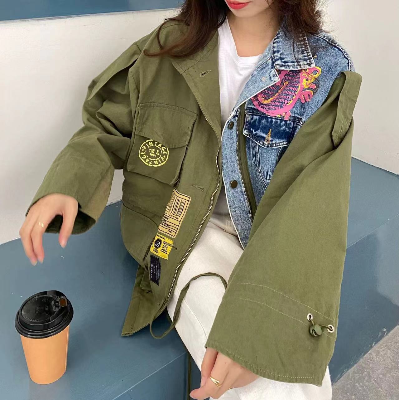 Fashion Patchwork Color Clash Embroidery Geometric Denim Jacket