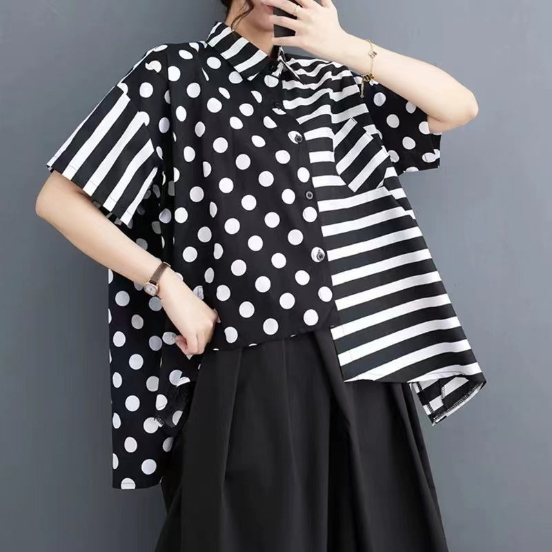 Plus Size Irregular Polka Dot Striped Short Sleeve Shirt