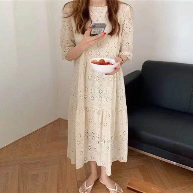 Embroidered Cutout Cotton Bubble Sleeve Dress