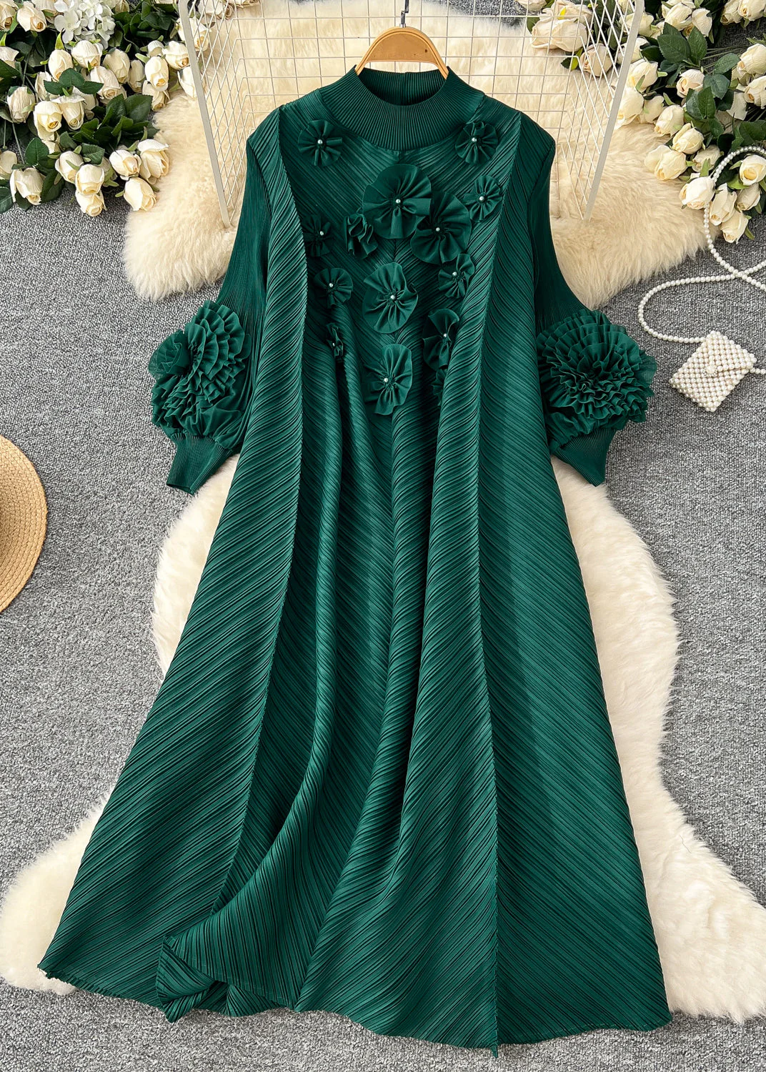 Women's Party Yellow Oversized Cubic Floral Lantern Sleeve Long Dresses
