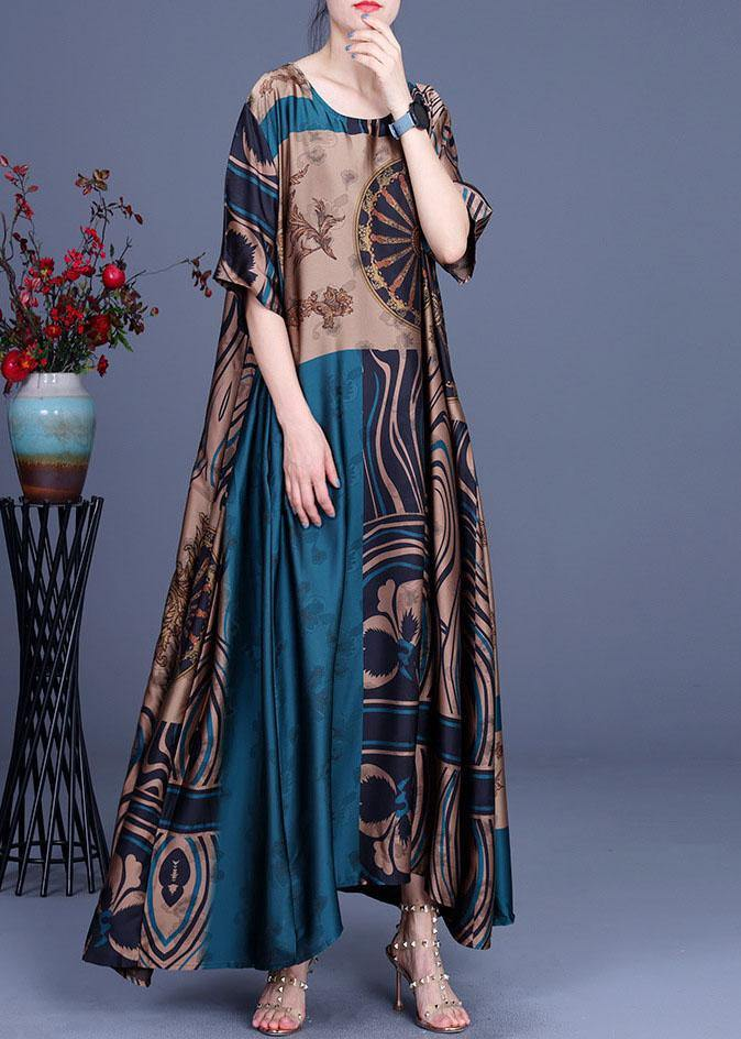 French Printed Silk O-Neck Long Dress