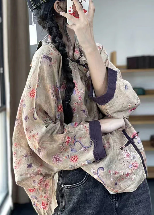 Vintage Button Print Patchwork Cotton Asymmetric Long Sleeve Shirt