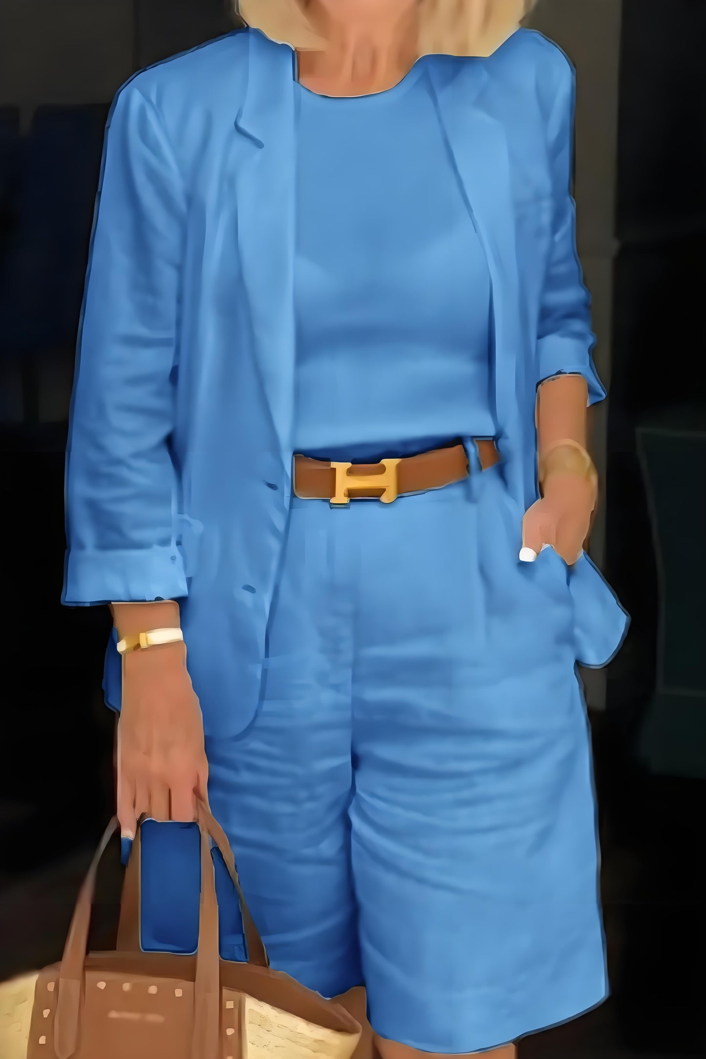 Women's loose simple solid color lapel nine-minute sleeve two-piece set spring summer