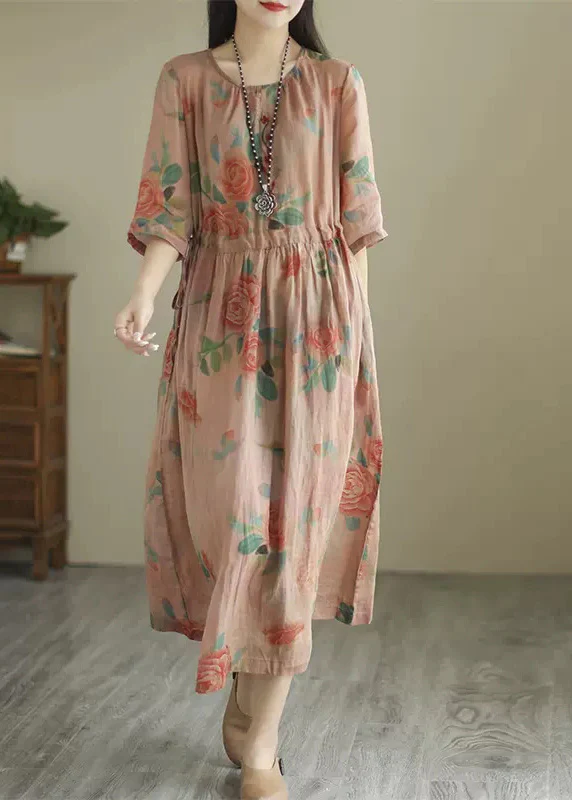 Fashion O Neck Printed Crinkle Waisted Short Sleeve Long Dresses