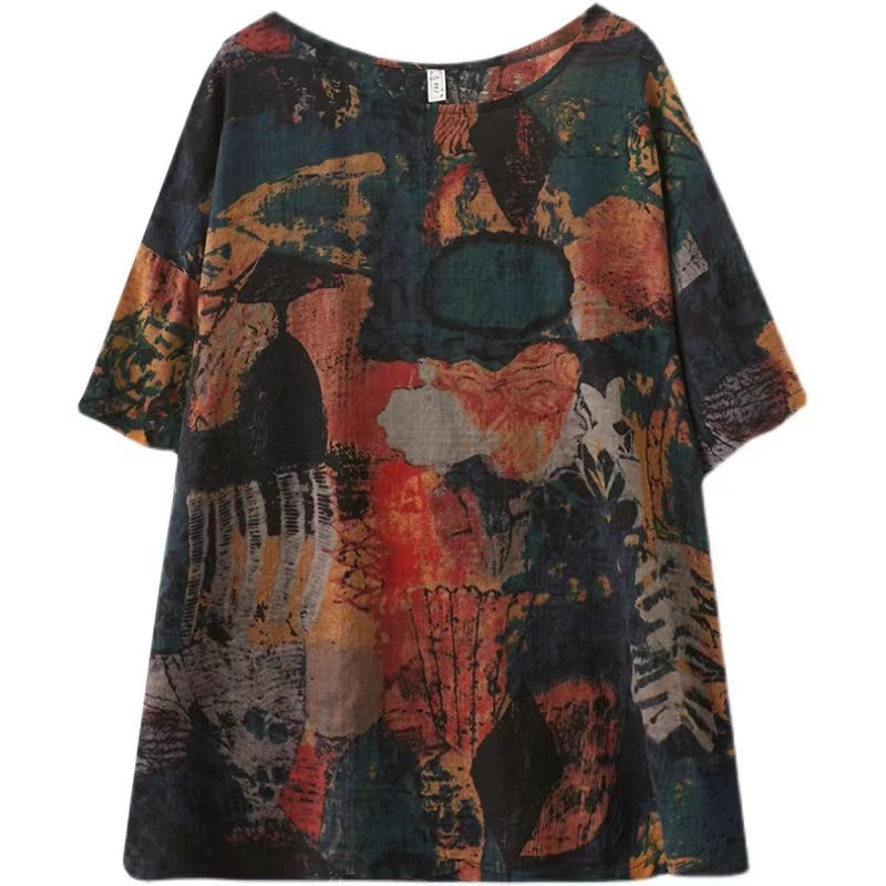 Casual Printed Round Neck Cotton Short Sleeve T-Shirt