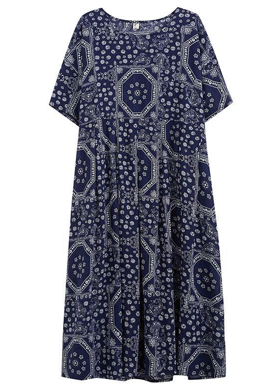 French large hem printed dress cotton linen