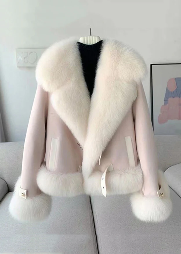 Women's Beige Hair Collar Patchwork Coat Winter