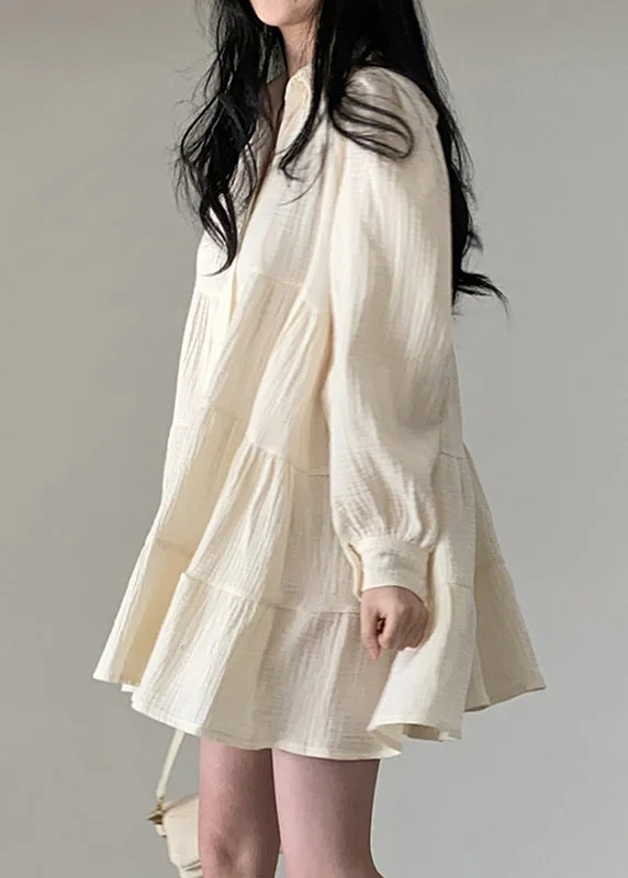 Women's Beige Oversized Pleated Linen Shirt Dress