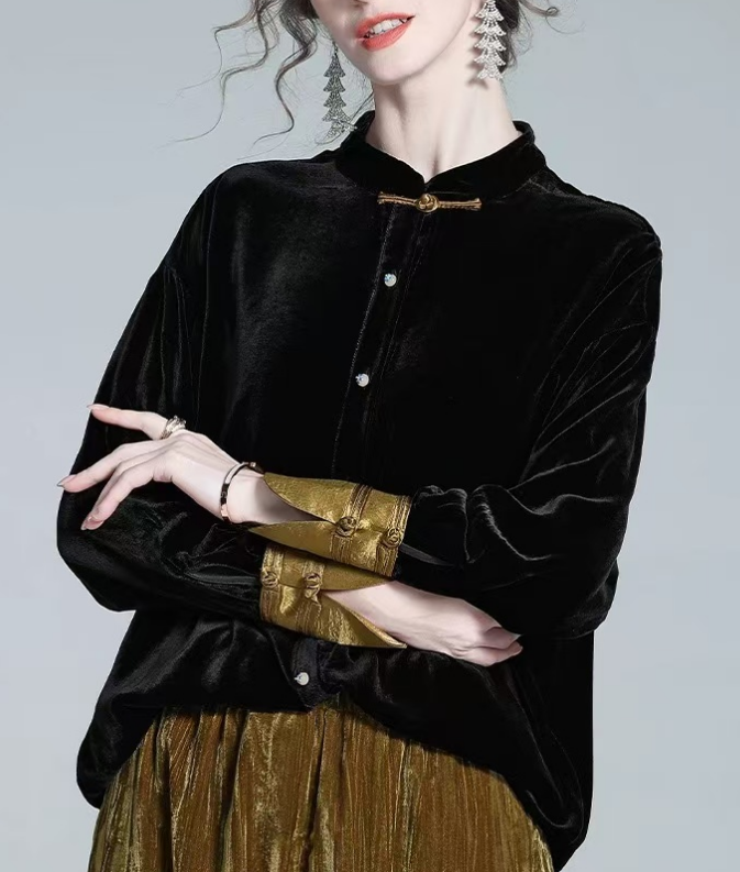 Chinese Style Loose Velvet Patchwork Long Sleeve Top