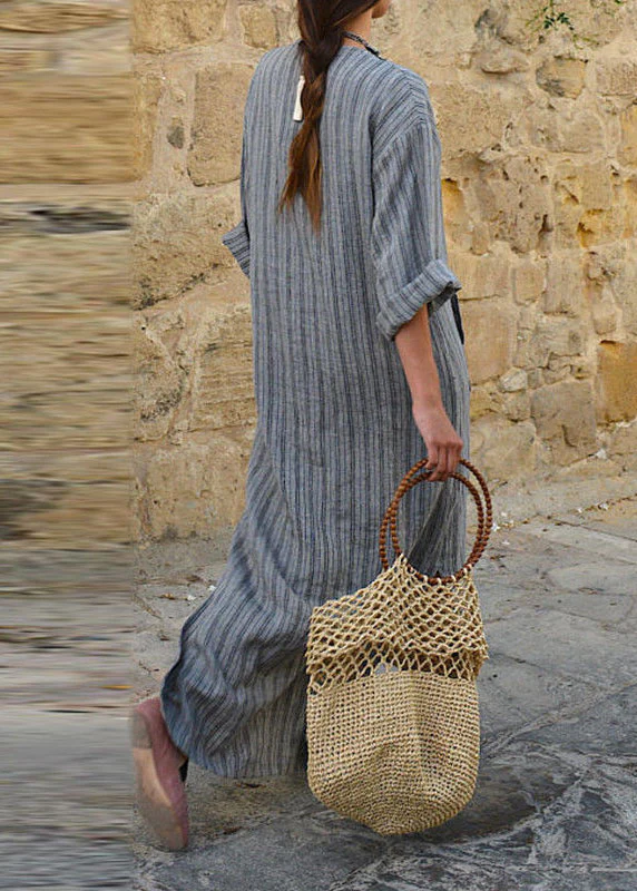 Gray Round Neck Striped Patchwork Maxi Dress