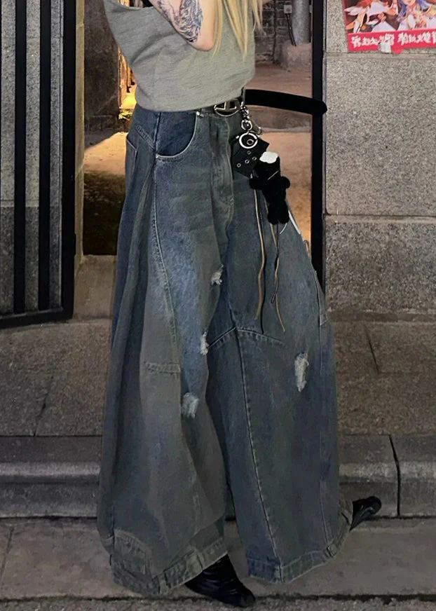 Dark Gray Ripped Pocket Denim Wide Leg Pants