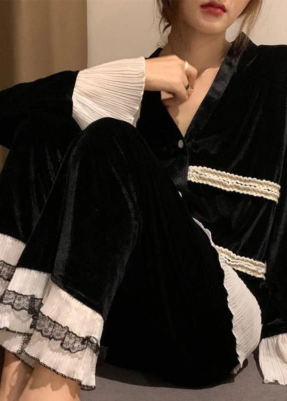 Women's V-Neck Lace Patchwork Velvet Two-Piece Set Spring
