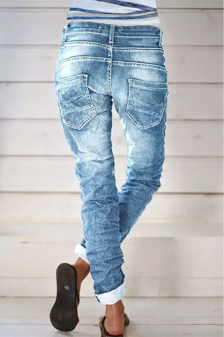 Organic denim street solid color distressed quilted high waisted jeans