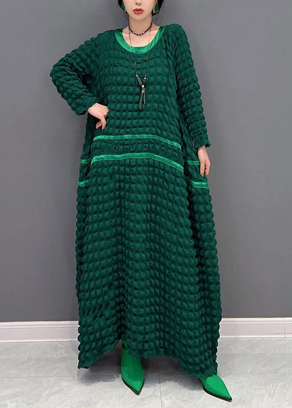Women's Italian Green Round Neck Long Sleeve Patchwork Dress Spring