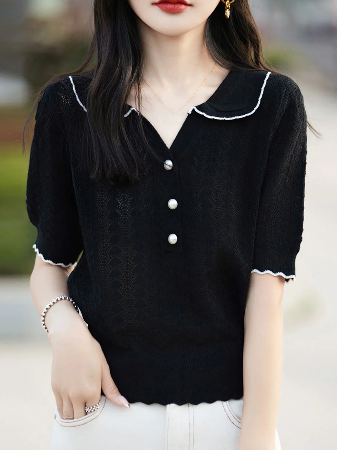 Elegant Lapel Skeleton Knit Short Sleeve Shirt Top