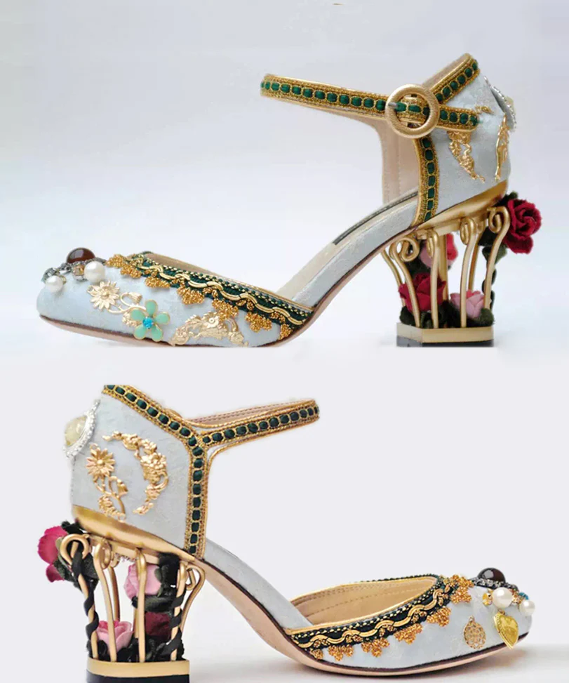 Court Style Zirconia Flower Black Buckle Strap Heels